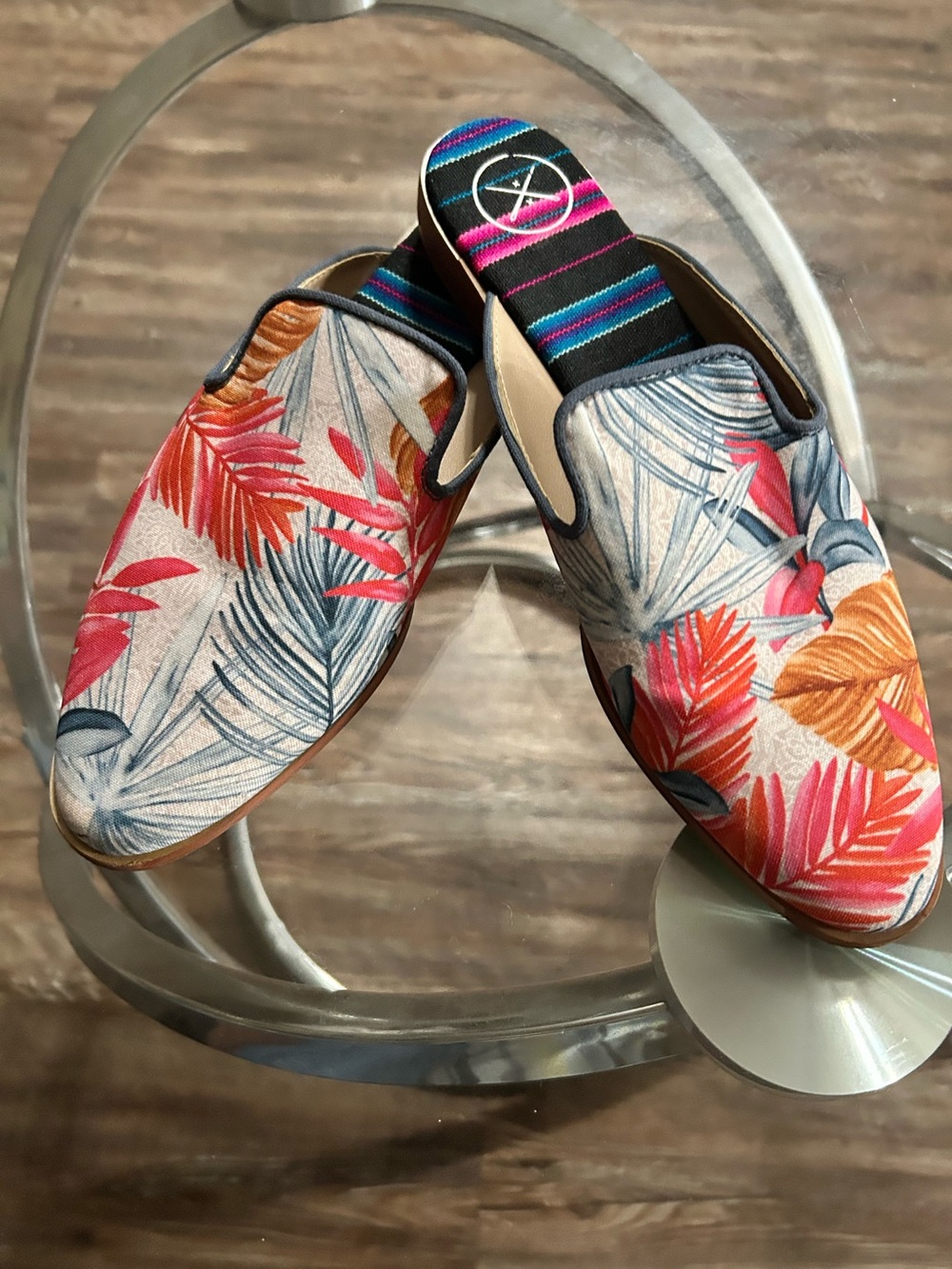 inkkas Tropical Leaf Slip-On Mules in Pink, Orange, Blue & Gray
